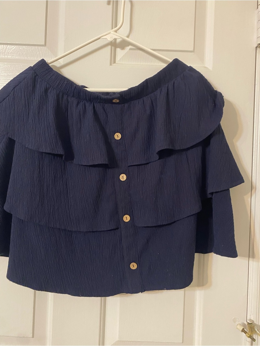 Navy Off-Shoulder Tiered Ruffle Button-Front Top